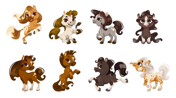 Vector conjunto de simpáticos ponis de dibujos animados en varias poses en una ilustración vectorial de fondo blanco que representa un concepto lúdico ilustración vectoral