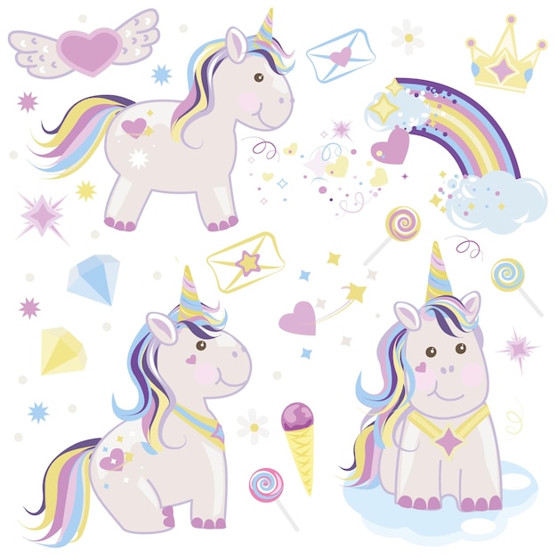 Conjunto de simpáticos unicornios con corazones de helado arco iris y otros elementos Ilustración vectorial