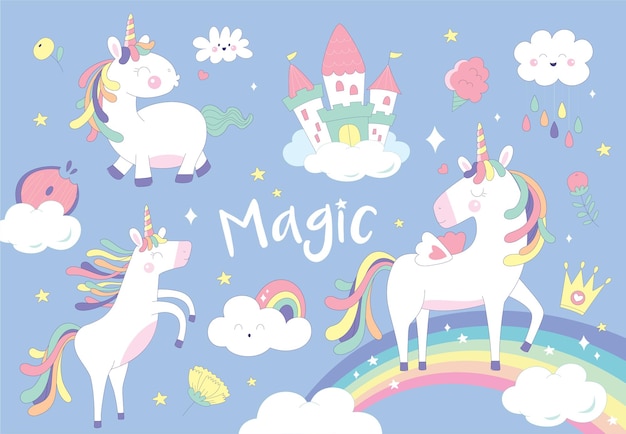 Conjunto de simpáticos unicornios y elementos mágicos
