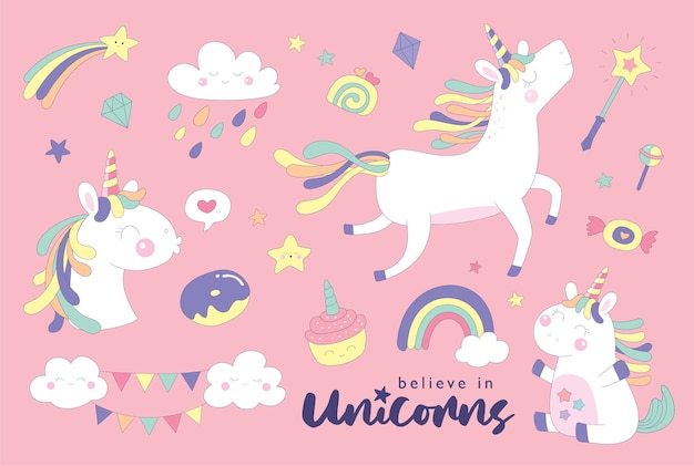 Conjunto de simpáticos unicornios y elementos mágicos