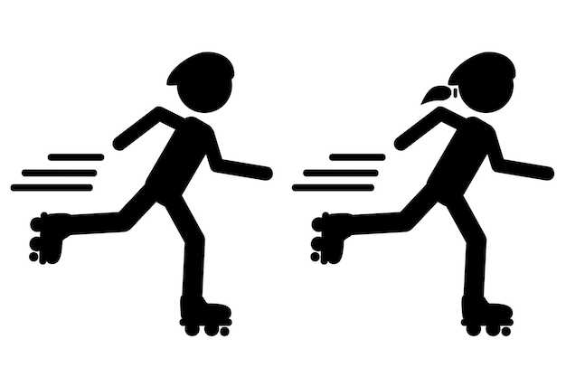 Conjunto simple 2 icono vectorial stickman mujer y hombre montando patines en línea usando casco