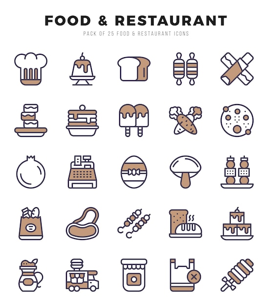 Conjunto simple de alimentos y restaurantes relacionados con el vector de dos iconos de color