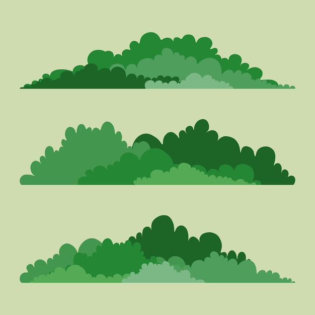 Conjunto simple de arbustos verdes en un estilo plano diferentes formas de hojas diseño minimalista