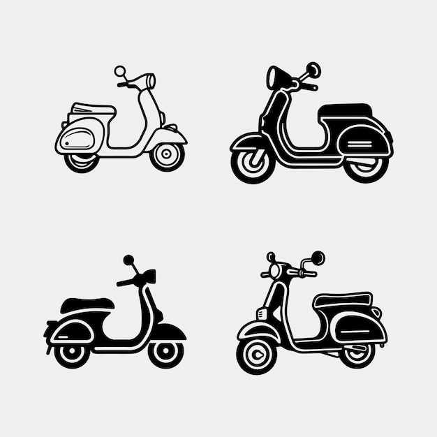 Conjunto de simple bicicleta scooter moto silueta vector aislado sobre fondo blanco