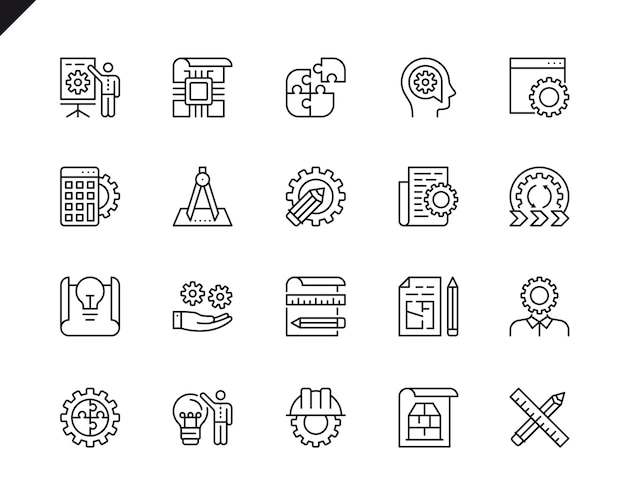 Conjunto simple de diseño de ingeniería relacionados con línea de iconos de línea.