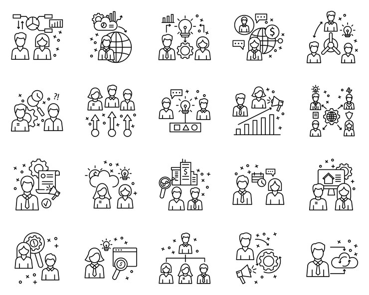 Conjunto simple de elementos de negocios relacionados con los iconos de línea de vector