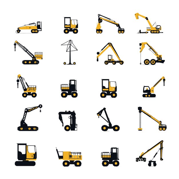 Conjunto simple de elementos de silueta vectorial de máquina cargadora para construcción