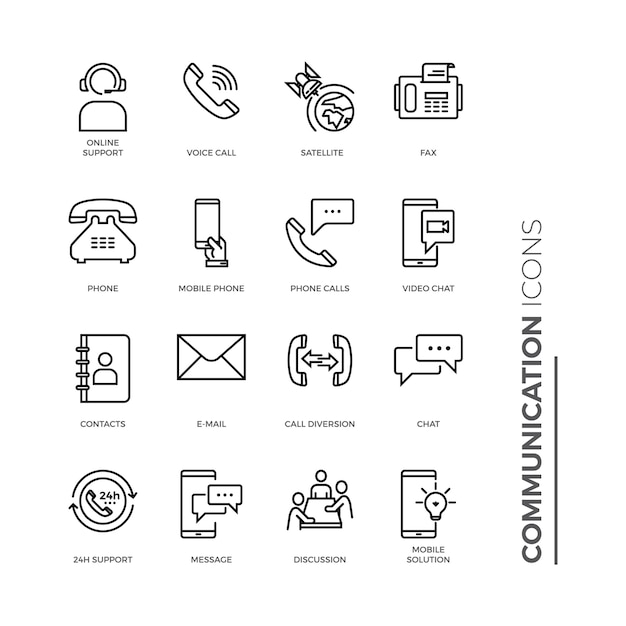 Vector conjunto simple de icono de comunicación, iconos de línea de vector relacionados.