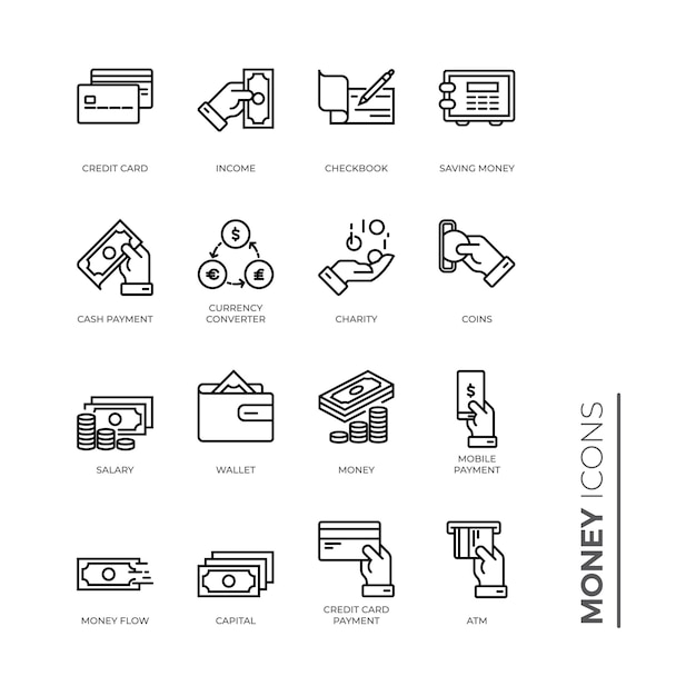 Conjunto simple de icono de dinero, icono de esquema