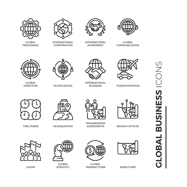 Conjunto simple de icono de negocio global, iconos de línea de vectores relacionados
