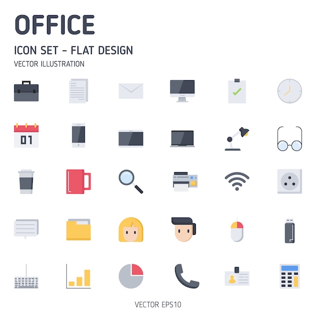 Conjunto simple de iconos de estilo plano relacionados con office