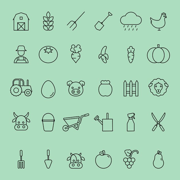 Conjunto simple de iconos de granja y animales de línea delgada de vector