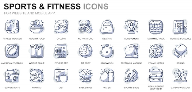 Conjunto simple de iconos de línea de deporte y fitness para sitios web y aplicaciones móviles