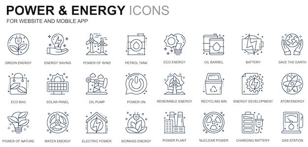 El conjunto simple de iconos de línea de energía e industria energética para sitios web y aplicaciones móviles contiene iconos como s ...