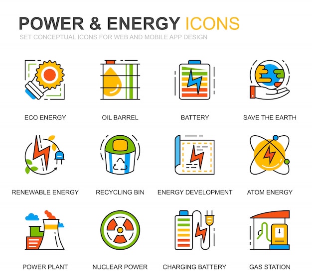 Vector conjunto simple de iconos de línea de energía e industria de energía para sitio web