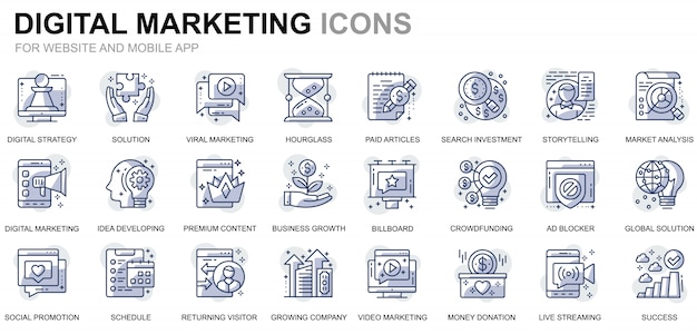 Conjunto simple de iconos de línea de negocios y marketing para sitios web y aplicaciones móviles