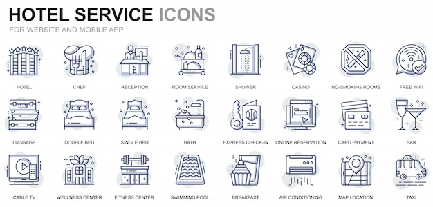 Conjunto simple de iconos de línea de servicios de hotel para sitios web y aplicaciones móviles