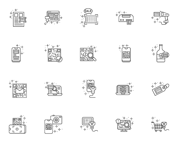 Conjunto simple de iconos de línea de vector de código qr y código de barras relacionados