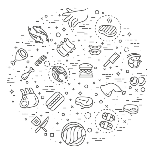 Conjunto simple de iconos de línea de vectores relacionados con la carne