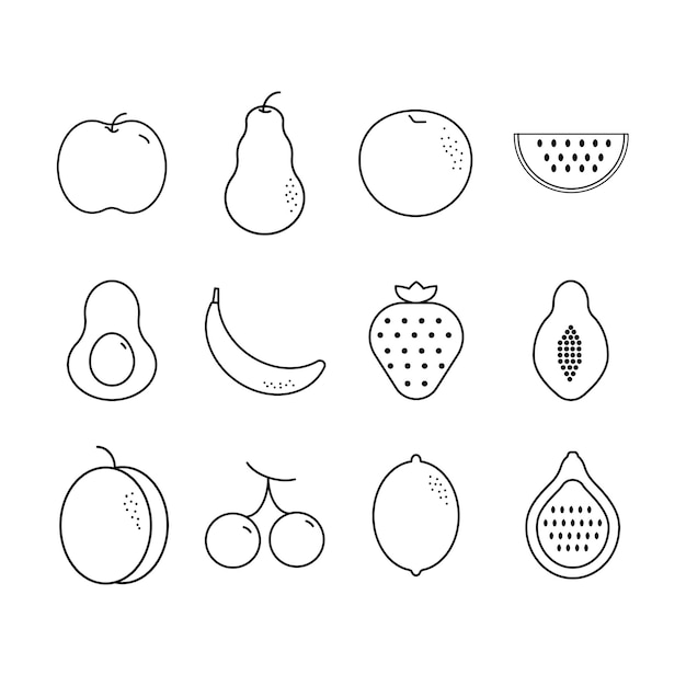 Vector conjunto simple de iconos de línea de vectores relacionados con frutas contiene iconos como plátano naranja fresa y más