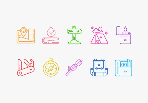 Un conjunto simple de iconos de línea vectorial kawaii para acampar
