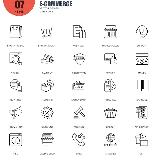 Conjunto simple de iconos de línea Vectoriales relacionados de E-commerce