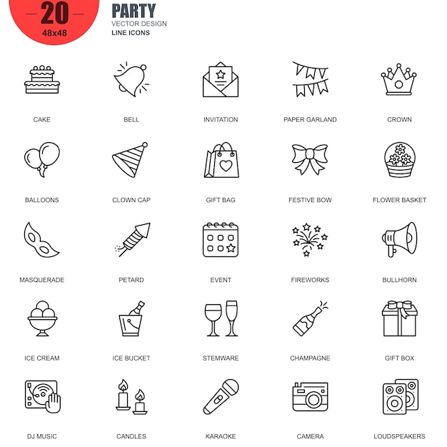 Conjunto simple de iconos de línea vectoriales relacionados con fiesta