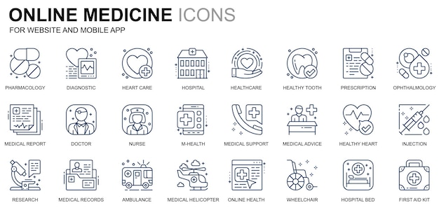 Conjunto simple de iconos de líneas médicas y sanitarias para sitios web y aplicaciones móviles que contienen iconos como ambu ...