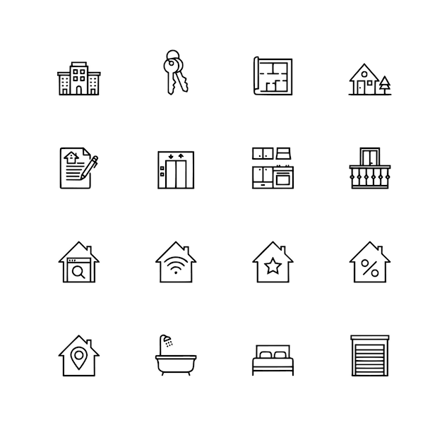 Conjunto simple de iconos de líneas vectoriales relacionadas con bienes raíces contiene iconos como Building Smart House