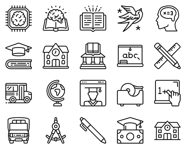 Conjunto simple de iconos de líneas vectoriales relacionadas con la escuela contiene iconos como Educación del estudiante