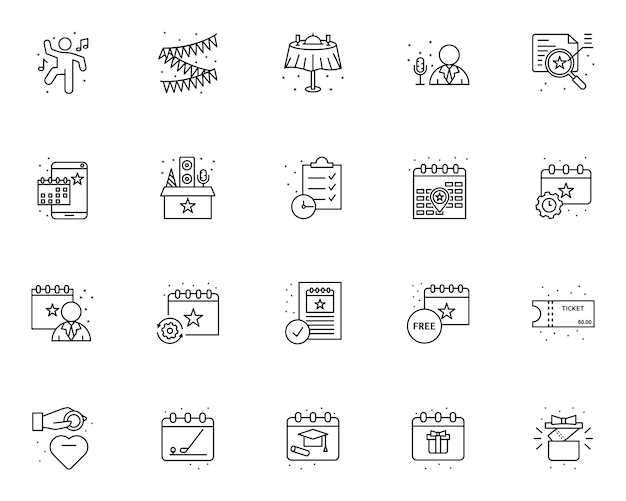 Conjunto simple de iconos relacionados con la gestión de eventos en estilo de línea