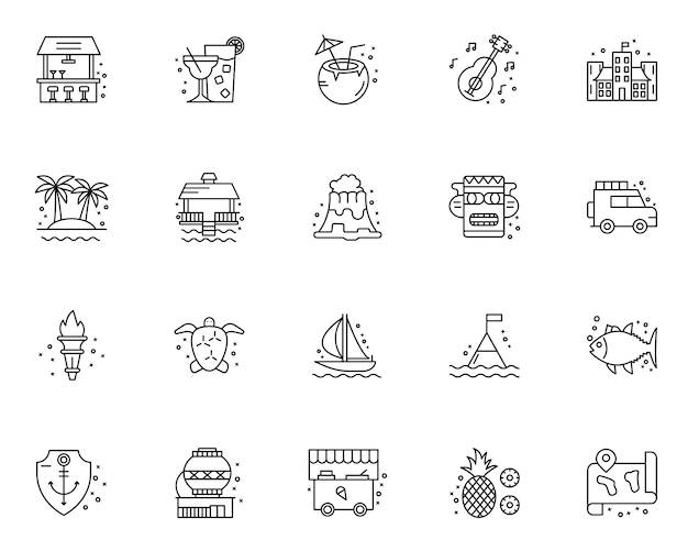 Conjunto simple de iconos relacionados con Hawai en estilo de línea