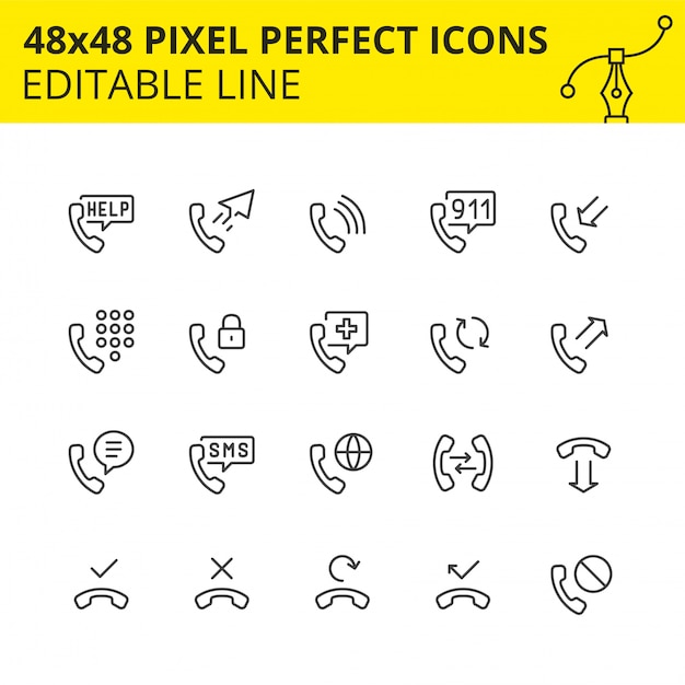 Conjunto simple de iconos relacionados con servicios de teléfonos. colección de símbolos de esquema de tecnología telefónica. contiene iconos como teléfono, soporte, teclado, sms, etc. pixel perfect. carrera. .