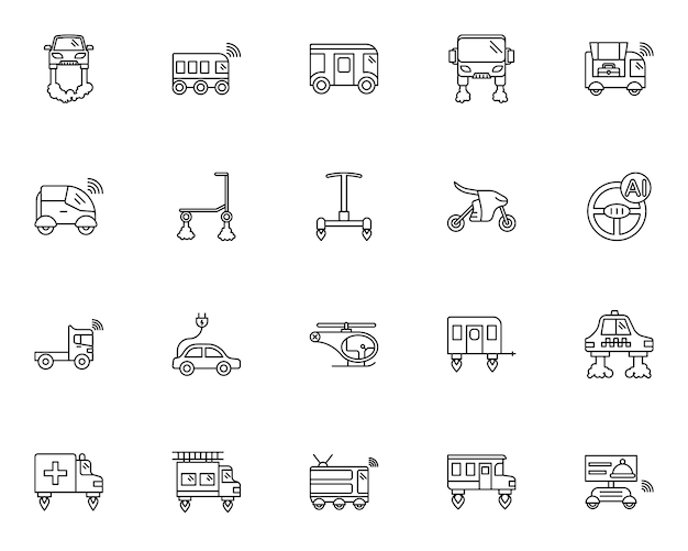 Conjunto simple de iconos relacionados con el transporte futuro en estilo de línea