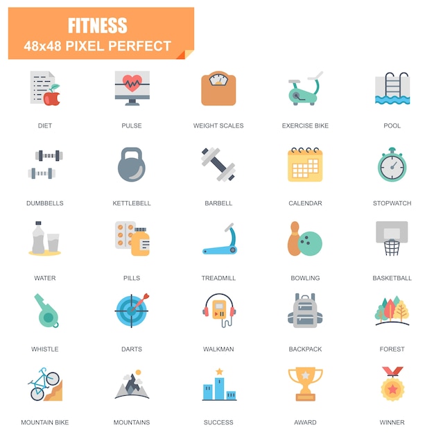 Conjunto simple de iconos relacionados del vector plano de la aptitud