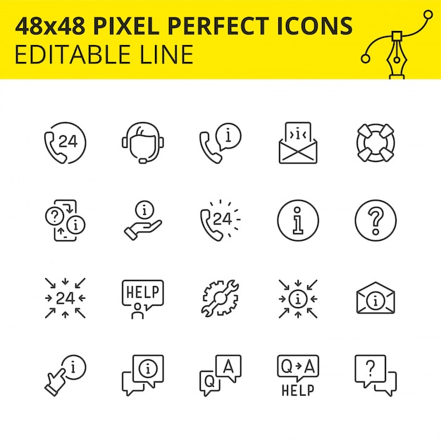 Conjunto simple de iconos para soporte técnico y asistencia 24/7. obtenga la respuesta en cualquier momento o consulte con el especialista de nuestro centro de llamadas. contiene iconos como teléfono, ayuda, operador, auriculares.