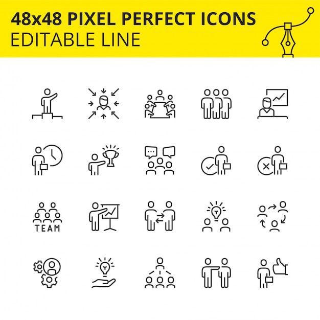 Conjunto simple de iconos de trazo para trabajo en equipo y gente de negocios. Contiene íconos como reunión, colaboración, inspector, estructura de equipo, etc. Pixel perfect. línea. .