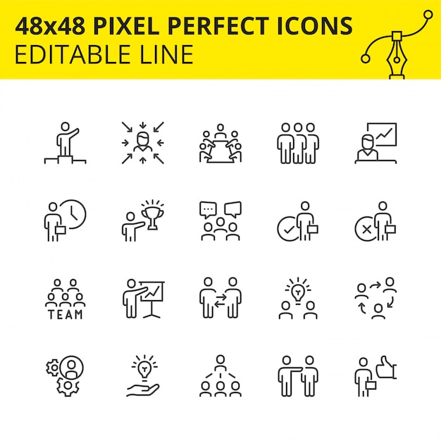 Conjunto simple de iconos de trazo para trabajo en equipo y gente de negocios. contiene íconos como reunión, colaboración, inspector, estructura de equipo, etc. pixel perfect. línea. .