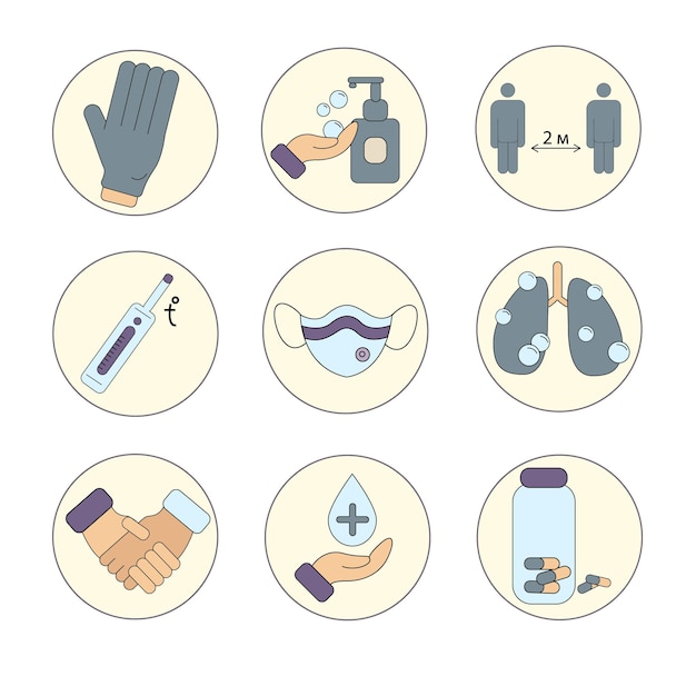 El conjunto simple de iconos vectoriales relacionados con la protección contra el coronavirus contiene iconos como lavarse las manos