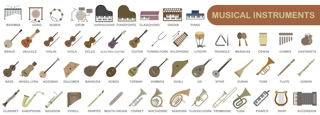 Un conjunto simple de instrumentos musicales de colores Imágenes de varios instrumentos musicales con títulos