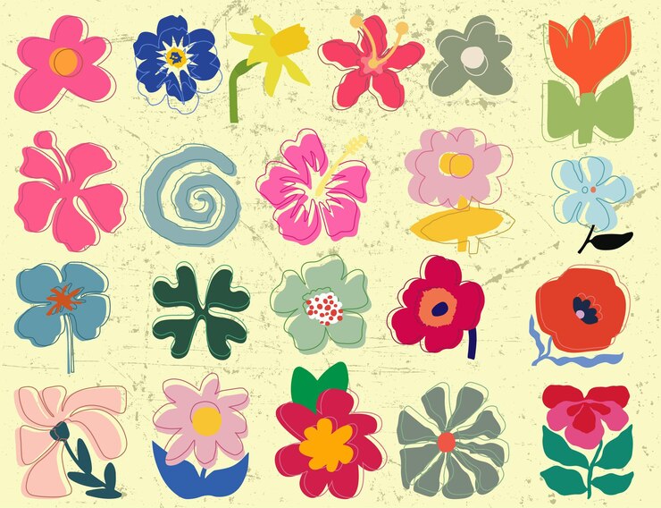 conjunto, de, simple, vector, flores, vector, plano, floral, ilustración