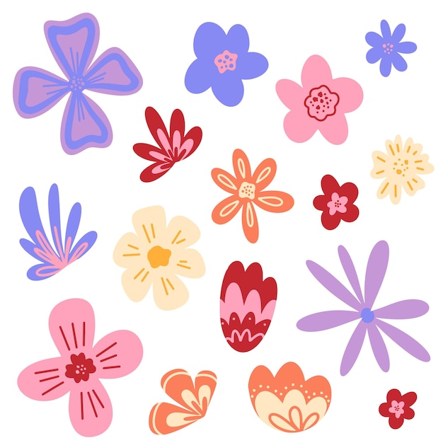 conjunto, de, simple, vector, flores, vector, plano, floral, ilustración