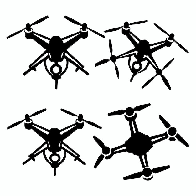 conjunto de simples diferentes tipos de drones con siluetas de cámaras