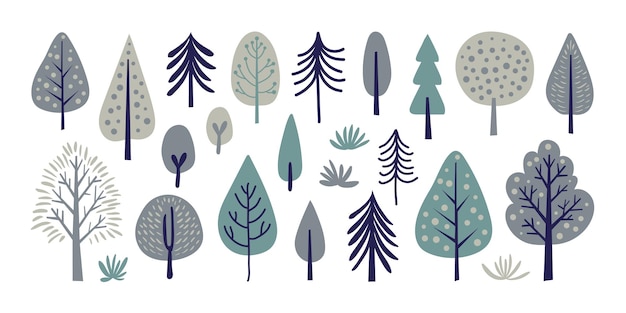 Conjunto de simples elementos de la naturaleza del árbol forestal dibujados a mano Diseño plano de estilo de dibujos animados de moda