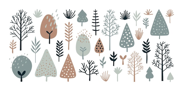 Conjunto de simples elementos de la naturaleza del árbol forestal dibujados a mano Diseño plano de estilo de dibujos animados de moda
