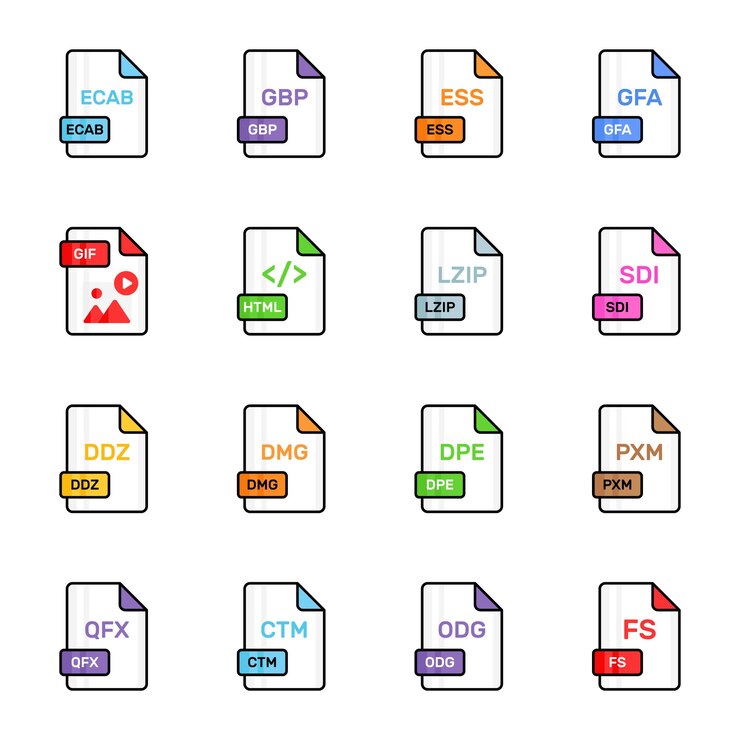 Vector un conjunto de simples iconos de colores que representan varios formatos de archivo