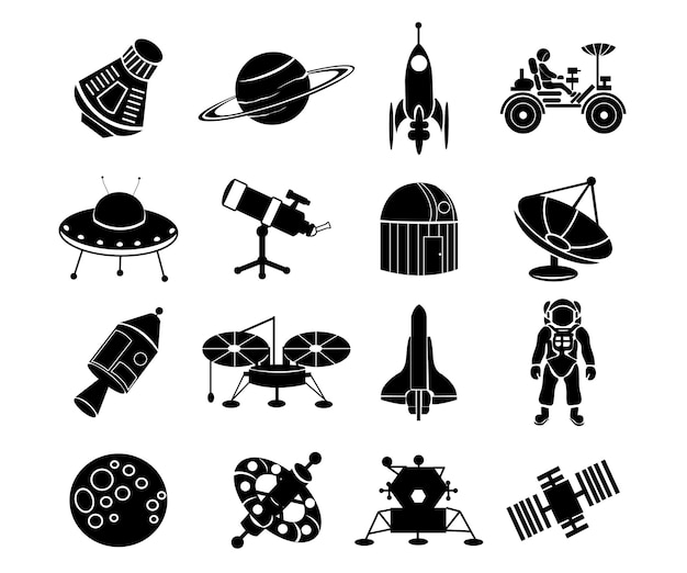 Conjunto de simples iconos espaciales negros que incluyen planetas, cohetes y astronautas sobre fondo blanco