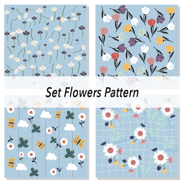 conjunto de simples patrones de flores sobre fondo azul para el diseño de la superficie del papel de envoltura textil