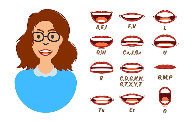 Vector conjunto de sincronización de labios y lengua de mujer para animación y pronunciación de sonido dibujos animados de boca humana femenina