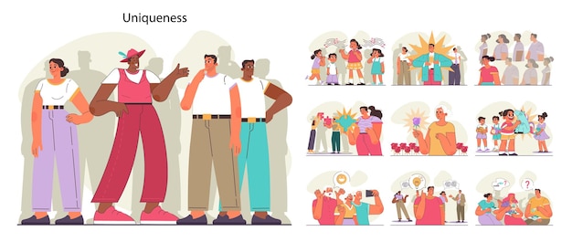 Conjunto de singularidad e individualidad Personaje que se destaca entre la multitud eligiendo otra manera Idea original o camino apariencia diferente Ilustración de vector plano